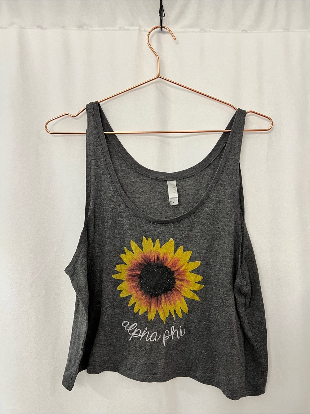 Alpha Phi Charcoal Gray Crop Top Tank with Yellow Sunflower Graphic